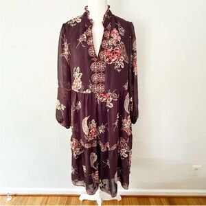 Vintage Women Boho Floral Sheer Puffed Sleeve Tiered Dress Medium Purple Casual